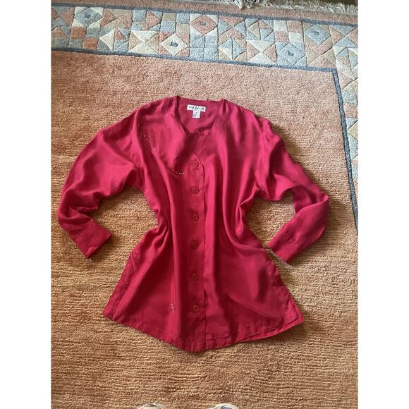 Oleg Cassini 100% Silk Red Blouse Button Front Long Sleeve Top Size M - Picture 7 of 8